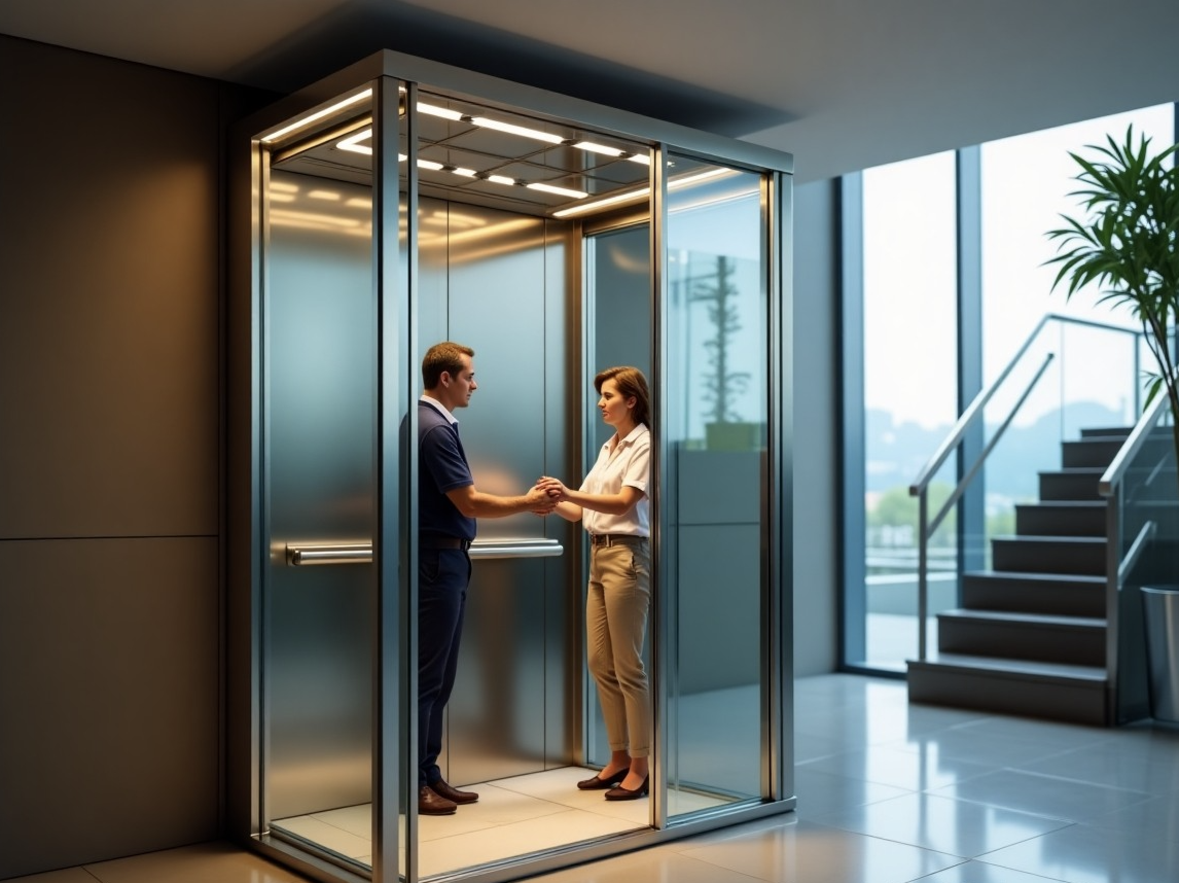Un homme et une femme en pleine discussion à l’intérieur d’un ascenseur moderne, échangeant une poignée de main. L’ascenseur est vitré, situé dans un bâtiment d’entreprise lumineux avec escalier et plantes en arrière-plan.