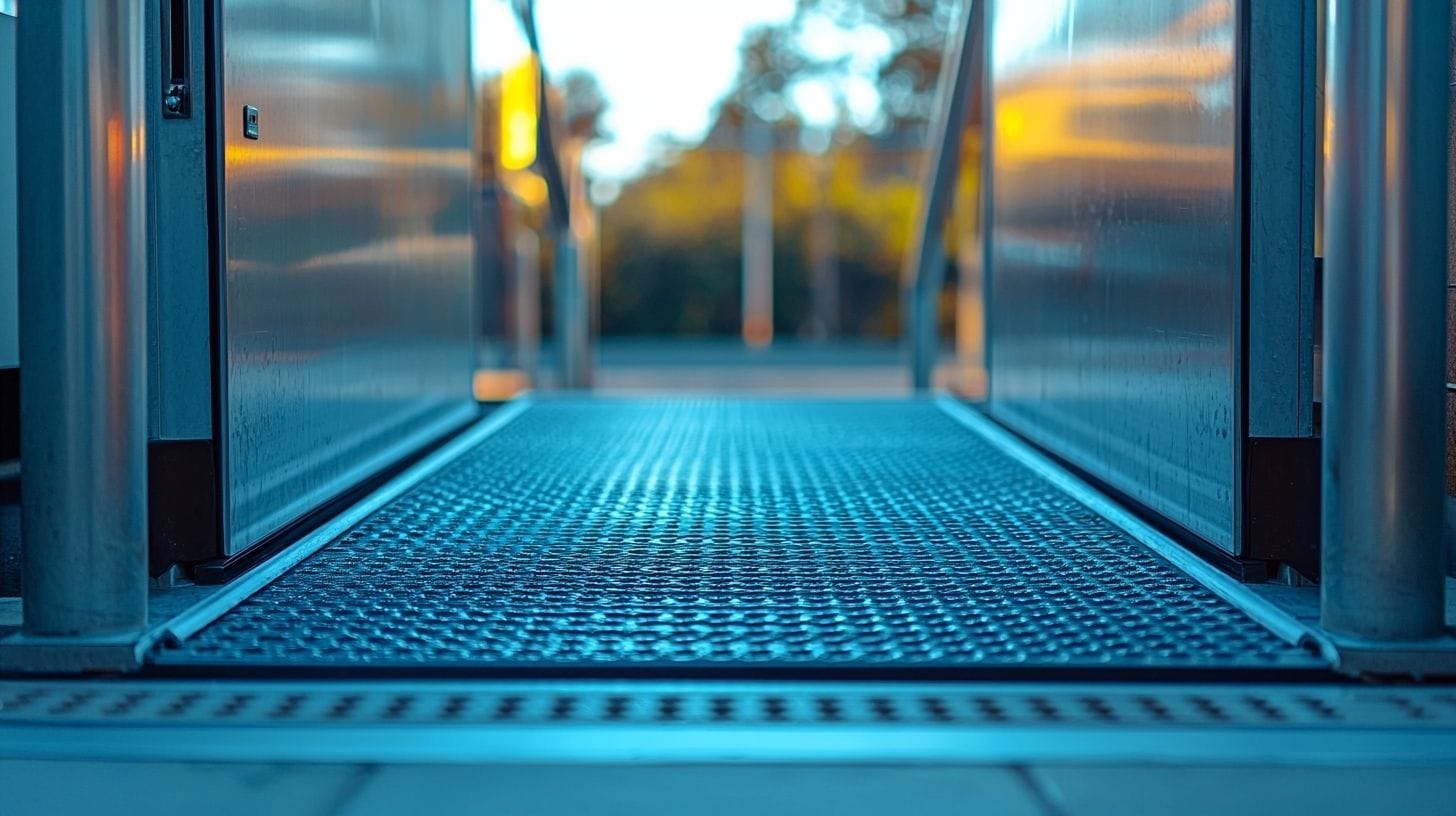 Détail d’une plateforme élévatrice montrant sécurité et surface lisse pour accessibilité