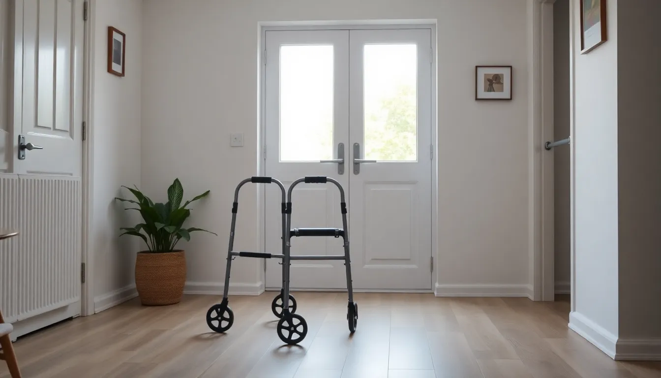 Aides techniques pour se déplacer et vivre chez soi : le guide (2026) 1 Deambulateur dans lentree lumineuse dun logement adapte