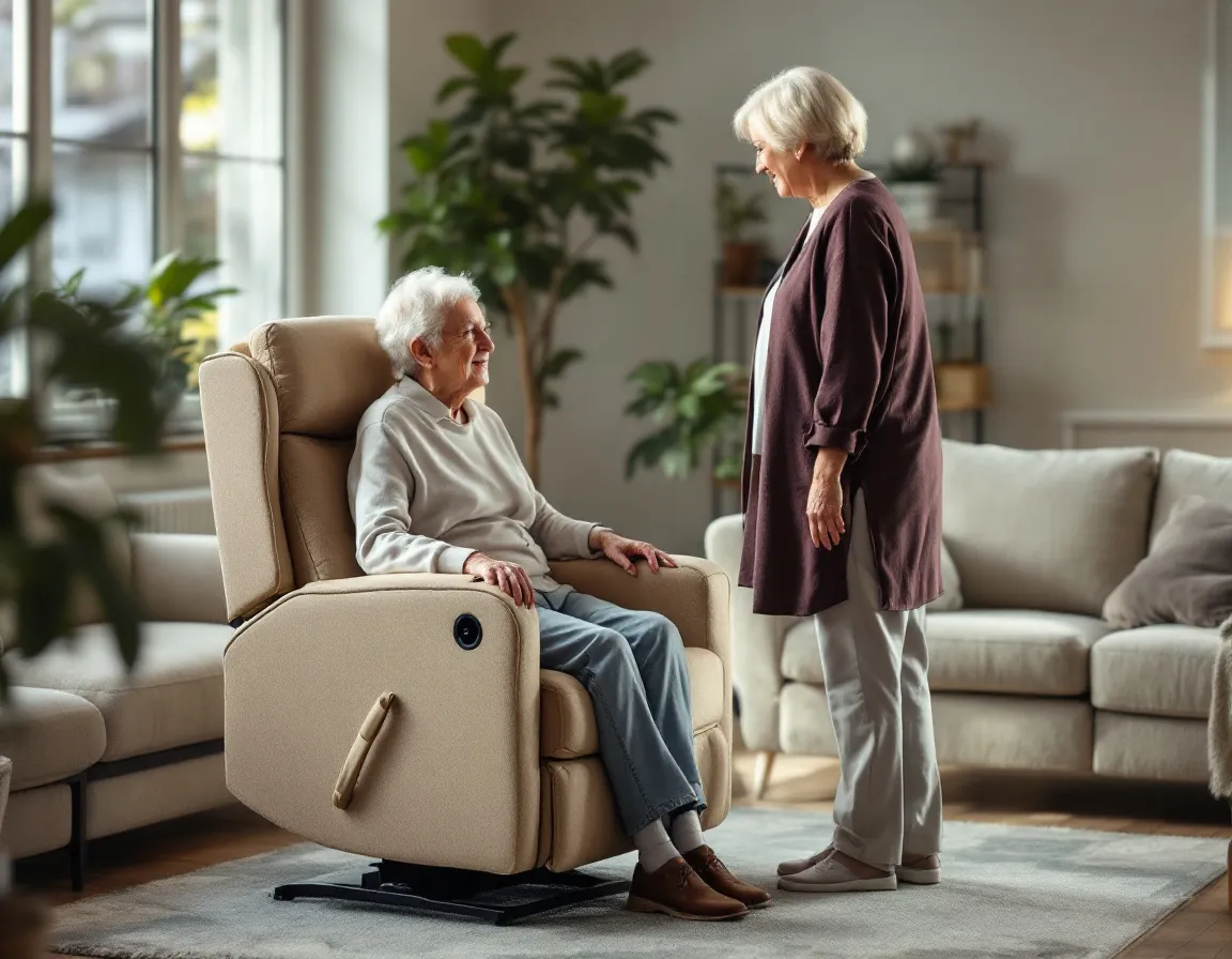 Canapé releveur senior : guide 2026 (modèles, prix, aides) 1 Canape releveur beige pour senior dans un salon moderne et lumineux