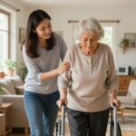 Aidante familiale accompagnant une personne agee avec deambulateur dans salon