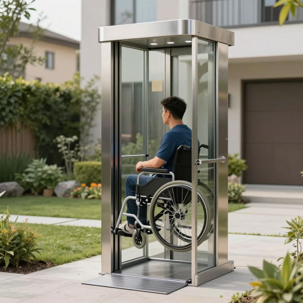 Comment choisir une plateforme elevatrice PMR : guide 2026 1 Utilisateur de fauteuil roulant dans une plateforme elevatrice PMR exterieure