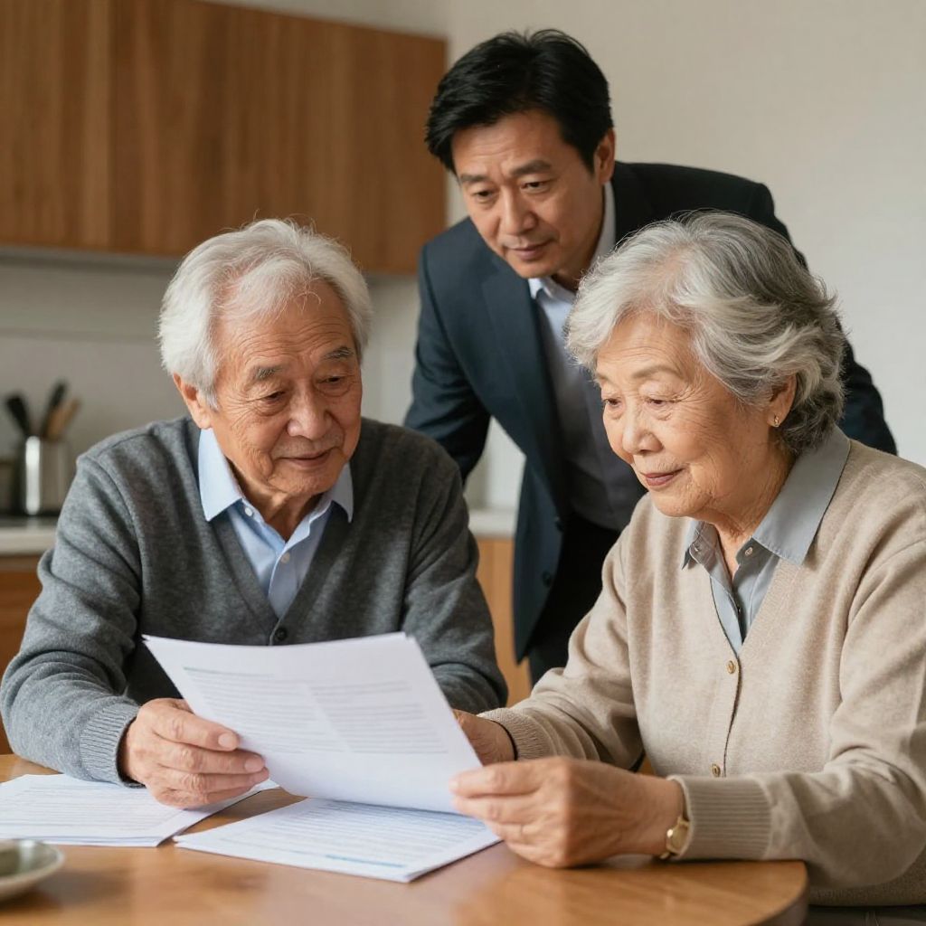 MaPrimeAdapt vs APA 2026 : quelle aide choisir pour votre logement senior ? 1 Senior couple reviewing financial aid documents for home adaptation with advisor