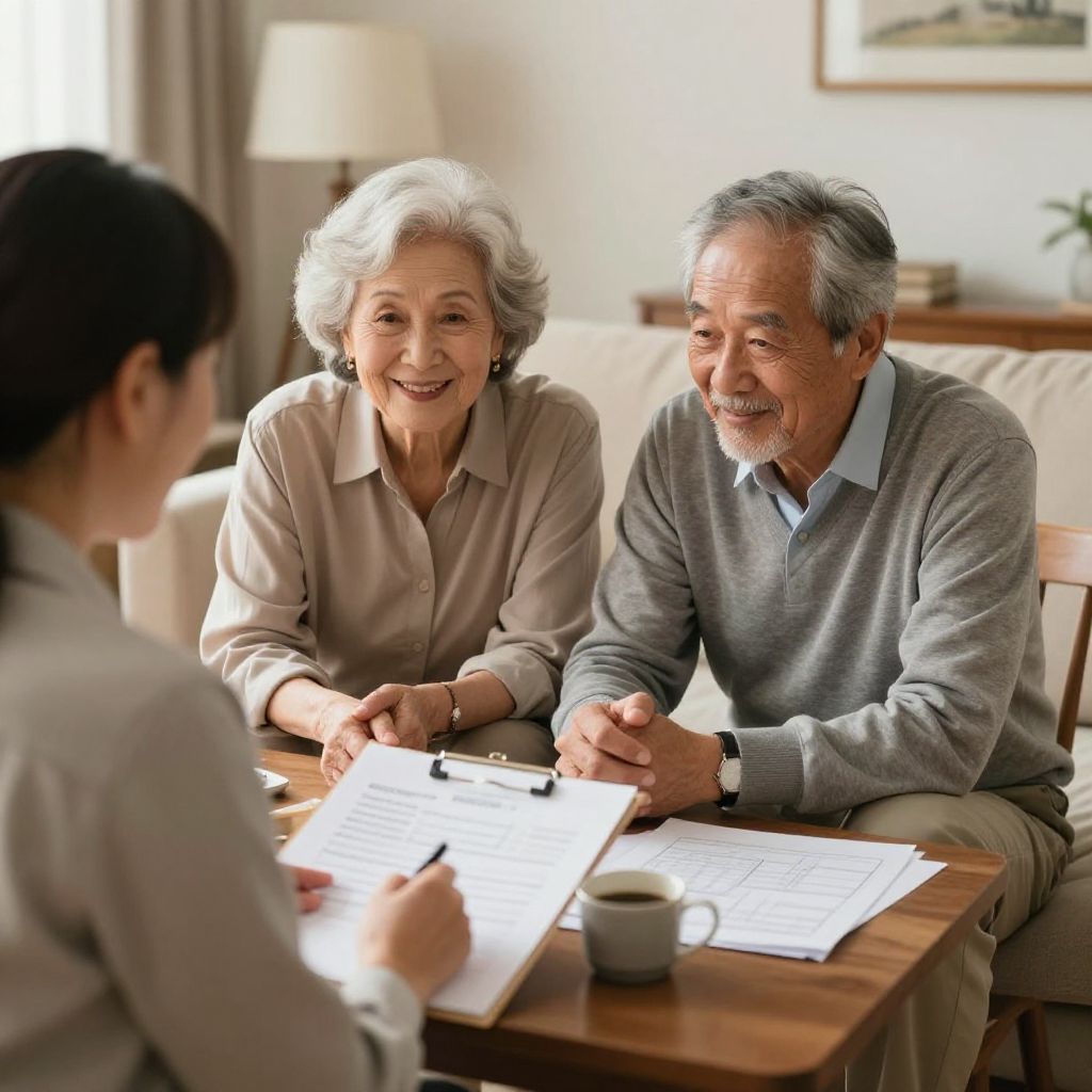 Comment financer un amenagement PMR : guide complet 2026 1 Couple senior en reunion avec conseiller pour financer adaptation logement PMR