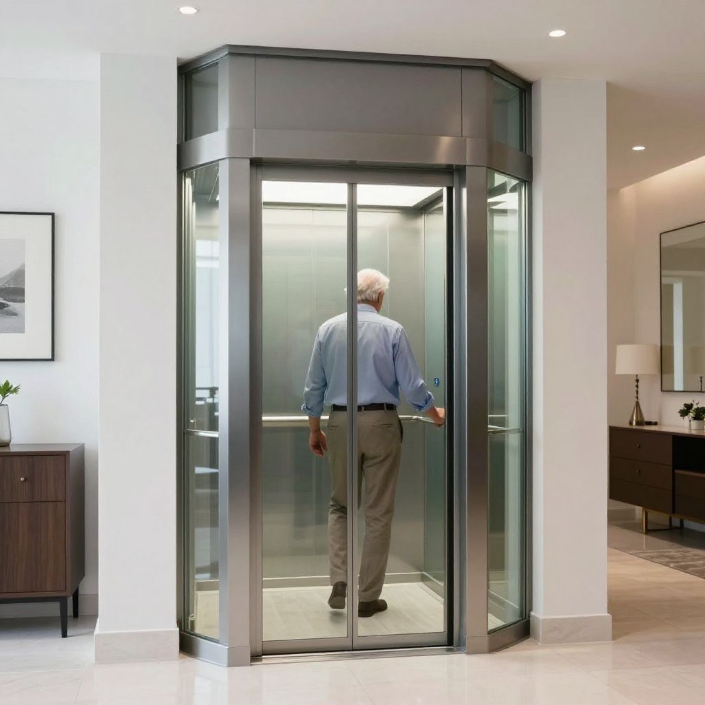 Comment choisir un ascenseur privatif pour sa maison : guide 2026 1 Senior entrant dans un ascenseur privatif en verre et acier dans maison moderne