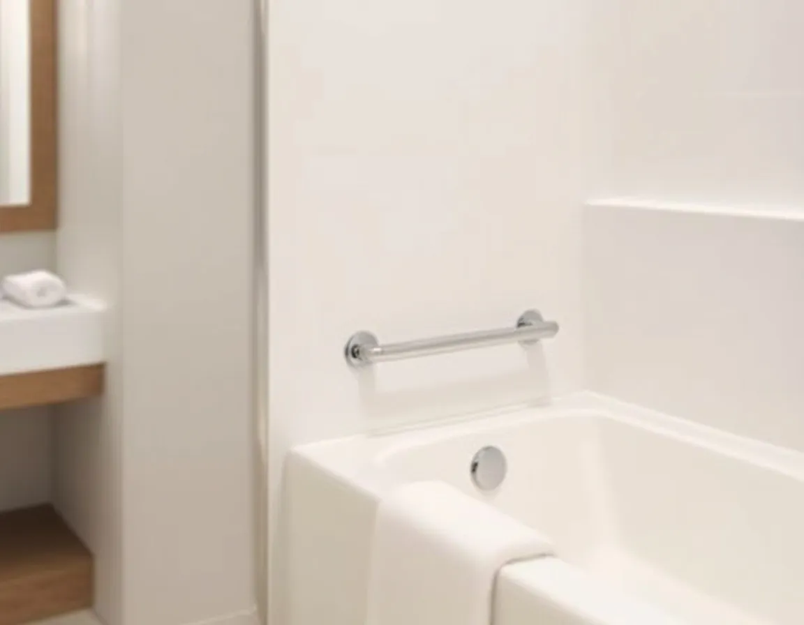 Poignée de baignoire PMR : guide complet 2026 (types, fixation, prix) 1 Poignee de baignoire PMR chromee sur carrelage blanc dans salle de bain