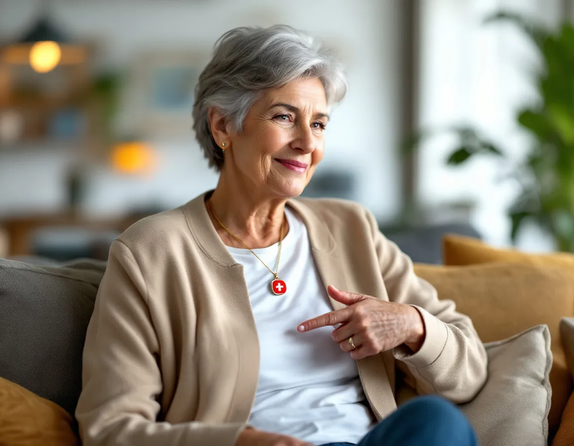 Bouton de teleassistance senior sur table de chevet, appartement moderne