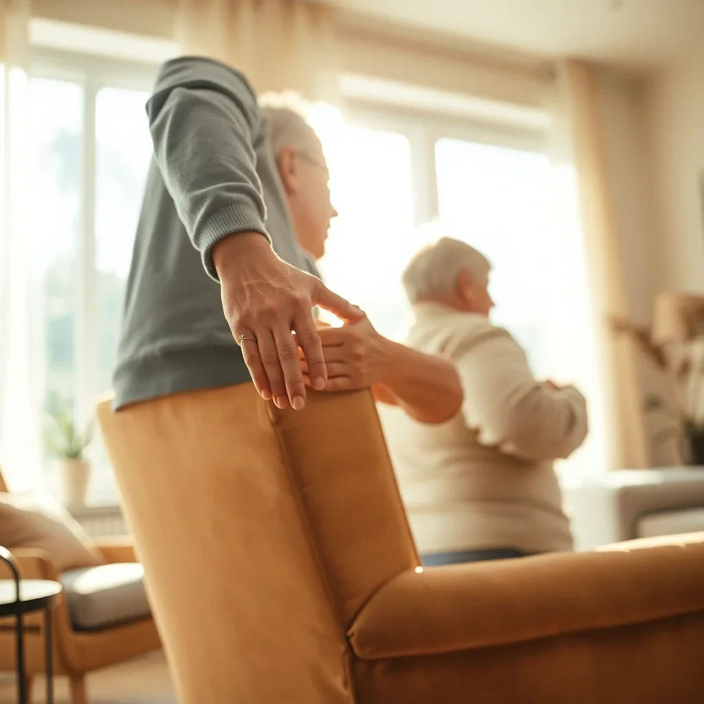 Aidant familial MDPH 2026 : Guide complet des aides et démarches 1 Un aidant familial aide une personne âgée à se lever de son fauteuil dans un salon lumineux, symbolisant le soutien quotidien