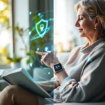 Split image showing a serene senior woman wearing a Vitalink Pro smartwatch in her living room on the left, connected by a st