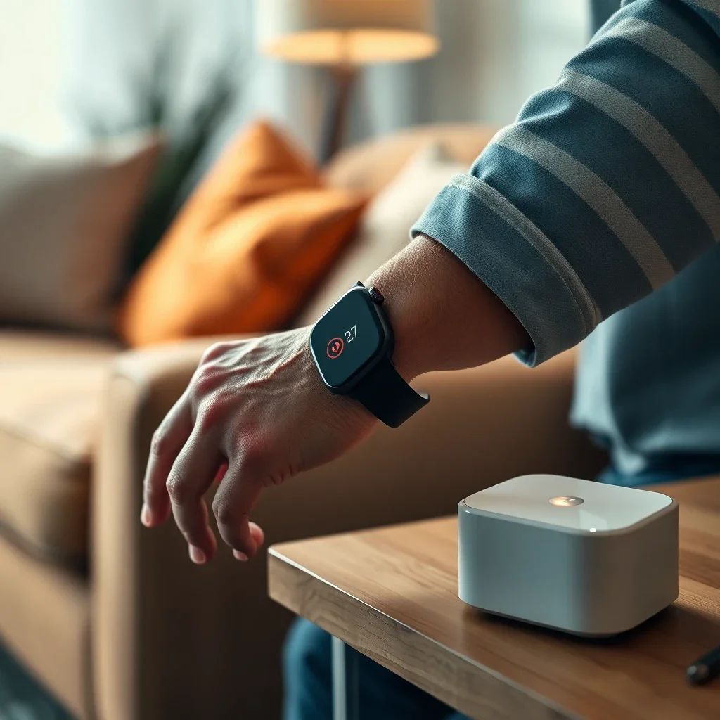 Comment fonctionne la téléassistance en 2026 ? Le guide complet 1 Close-up of a senior's hands wearing a modern smartwatch with a red emergency button, next to a sleek teleassistance hub on a