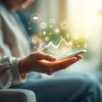 Abstract artistic representation of elderly care assessment with a hand holding a tablet displaying evaluation data, surround