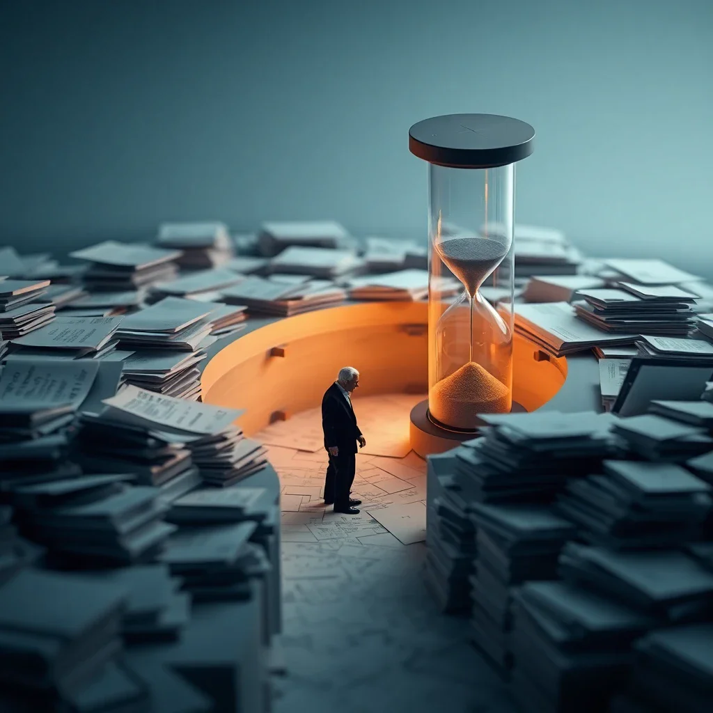 Inconvénients de l'APA : les 7 blocages à anticiper (2026) 1 An elderly person's silhouette facing a maze made of paperwork and documents, with a large hourglass symbolizing administrati