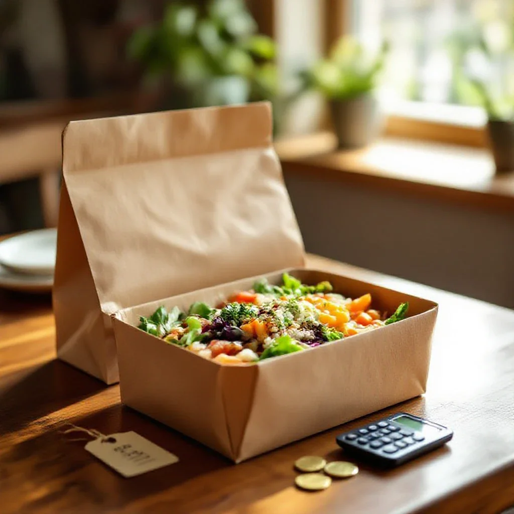 Portage de repas à domicile : tarifs et aides 2026 1 Un sac de livraison écologique ouvert sur une table en bois, contenant un repas sain et équilibré, avec une étiquette de prix