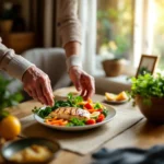 Caring hands placing a nutritious, freshly prepared meal on a home dining table, representing the dignity and comfort of meal