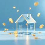 Abstract 3D illustration of a transparent glass house representing a retirement home, surrounded by floating golden coins, sy