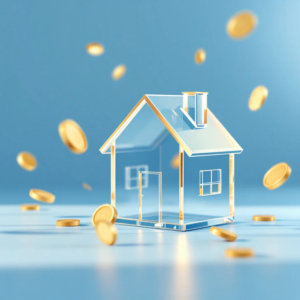 Abstract 3D illustration of a transparent glass house representing a retirement home, surrounded by floating golden coins, sy