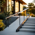 Modern home entrance with a gently sloping accessibility ramp and sleek metal handrail, integrated into a warm wooden facade