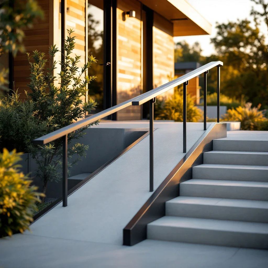 Guide 2026 : choisir et installer sa rampe d'accessibilité 1 Modern home entrance with a gently sloping accessibility ramp and sleek metal handrail, integrated into a warm wooden facade