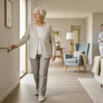 Personne âgée dans un logement lumineux et sécurisé, illustrant l'aide à l'autonomie à domicile.