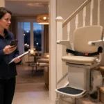 Monte-escalier immobilisé sur un escalier intérieur avec une personne préparant un appel de dépannage d'urgence.