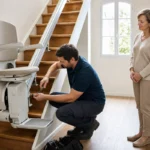 Technician installing a stairlift chair on a bright home staircase while a homeowner watches.