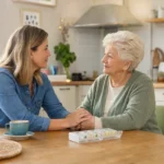 Une femme âgée et sa fille discutent calmement à une table de cuisine lumineuse, dans une ambiance rassurante autour de l'acc